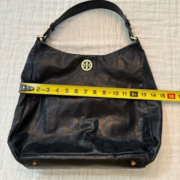 TORY BURCH Dena Black Glazed Distressed Leather Hobo Shoulder Bag - Picture 8 of 10